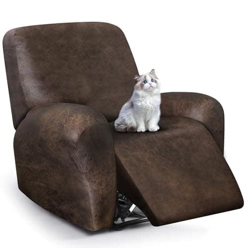 ANARACHON Leather Look Recliner Chair Covers, 4-Pieces Stretch Recliner Cover, Soft Reclining Chair Slipcover, Washable Furniture Protector for Lazy Boy Recliner (1 Seater, Brown)