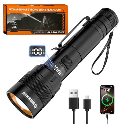 Sigerio Rechargeable Flashlight High Lumens, Super Bright LED Flash Light with 4 Lighting Modes, LCD Power Display, IP54 USB-C Handheld linternas with Metal Clip for Home Emergencies Camping and Work