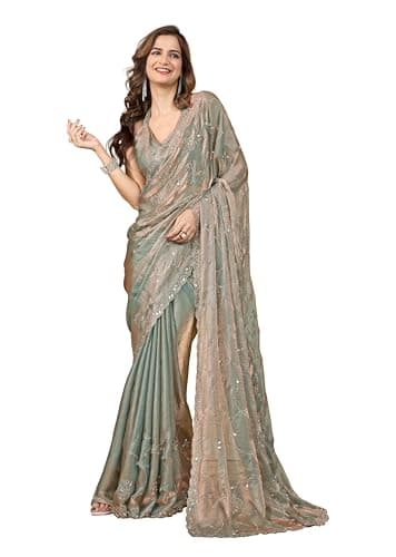 TRENDMALLS Women's Satin Siroski With Mirror Work Saree with Unstitch Blouse Piece (K1158-SteelGreen)