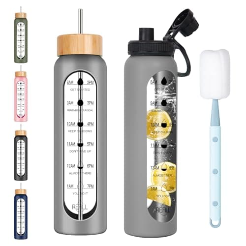 Sinekequnsun 32oz Glass Water Bottle with Time Marker, 2 Lids-Handle Spout Lid & Bamboo Straw Lid, 1 Liter Motivational Borosilicate Water Bottle for Gym, Office, Travel (Gray)