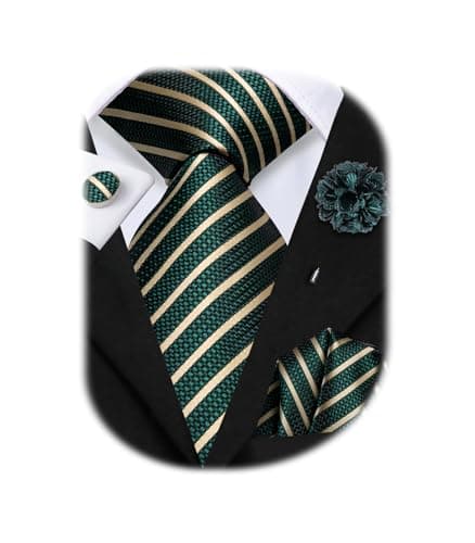 Hi-Tie Mens Champagne Green Striped Ties Set Silk Necktie and Lapel Pin for Men Pocket Square Cufflinks Set Business Wedding