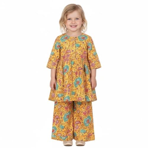 Chandrakala Kids Kurti Pant Set Co-Ord Set for Girls Ethnic Wear Yellow Floral,4-5T (KG119YEL6)