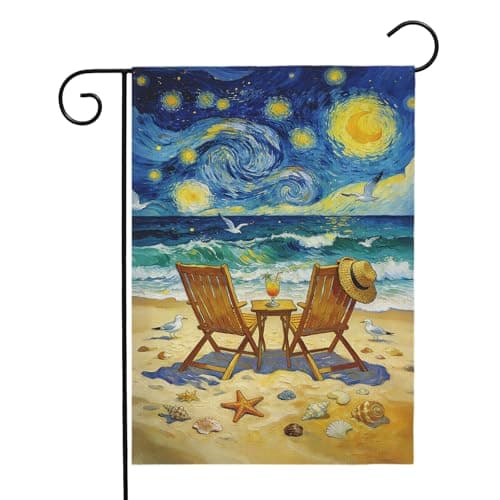 Dacawin Beach Garden Flag Spring Summer Coastal Yard Flags Van Gogh Inspired Starry Night Style Ocean Seaside Chairs House Banner for Outside Lawn Patio Porch Seasonal Home Double Sided 12x18 Inch