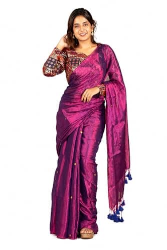 SAREEN Women’s Magenta Raga Tissue Saree with Golden Buti Work & Tassel Pallu | Lightweight Cotton Tissue Party Wear Saree with Blouse Piece | Elegant Festive Traditional Saree for Women
