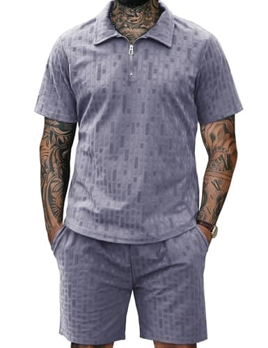 URRU Mens Textured Polo Shirt and Shorts Set 2 Piece Outfits Summer Casual Short Sleeve Quarter Zip Suit