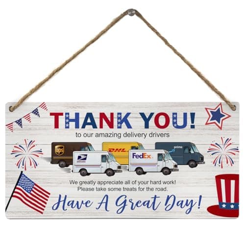 FLVGE Patriotic Delivery Signs for Packages, Thank You To Our Amazing Delivery Driver Snack Sign Wood Wall Hanging Sign, Front Door Outdoor Package DeliveryBoxes Sign,12x6Inch