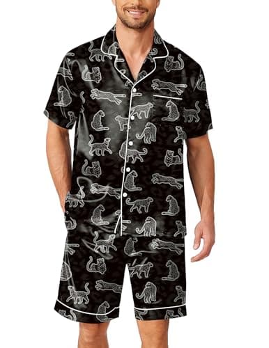 Ekouaer Summer Pajamas for Men Pjs Set Lightweight Short Sleeve Loungewear Silk Satin Nightshirt with Pockets,Black Leopard,XXL
