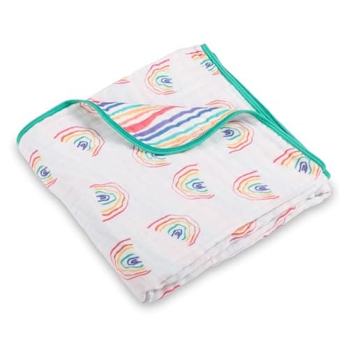 LollyBanks Muslin Baby Quilt, 100% Cotton 6-Layer Soft Baby Blanket for Boys and Girls, Large 47 x 47 Inches Infant Receiving Blanket, Durable Toddler Quilt, Cozy Muslin Blankets (Rainbow Wave Print)
