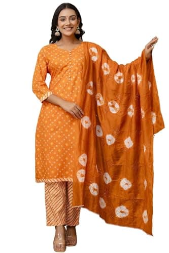 JG JAI GOVINDAM Indian Kurtis for Women Salwar Kameez Suit Set Indian Dresses Chikankari White Kurti Pant & Dupatta Set (Orange, X-Large)