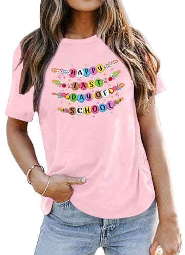 VVNTY Happy Last Day of School Shirt Women End of Year Teacher T Shirt School Graduation Tee Teacher Last Day Shirts Lightpink