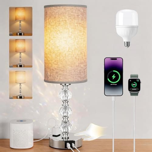Wiomonrew Crystal Table Lamp 14.6", 3-Way Dimmable with Touch Control, USB Charging Ports & AC Outlet, Bulb Included, – 3000K Warm White for Bedroom Living Room