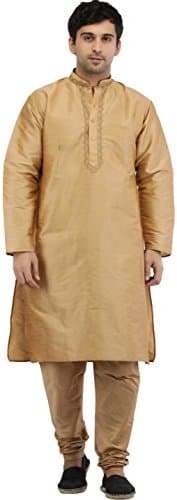 Exotic India Plain Wedding Kurta Pajama with Embroidery on Neck - Color Almond Buff Size 38