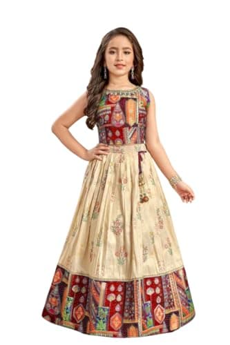 OQQTOO Girls Lehenga Choli Set Kids Festival Wear, Muslin coton Traditional floral Design, Wedding Dress. (A, 8-9 YEARS)