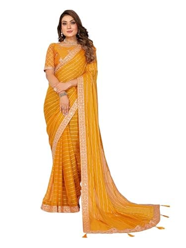 Vedant Vastram Women's Georgette Embroidered & Sequin work Bollywood Fancy Saree (Madhvi-Mustard)