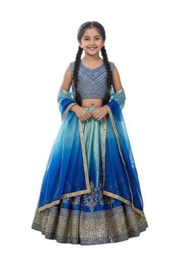 OQQTOO Traditional Lehenga Choli for Girls, Siqwons Embroidered Floral Design, Wedding Dress with Dupatta. (blue, 15-16 years)