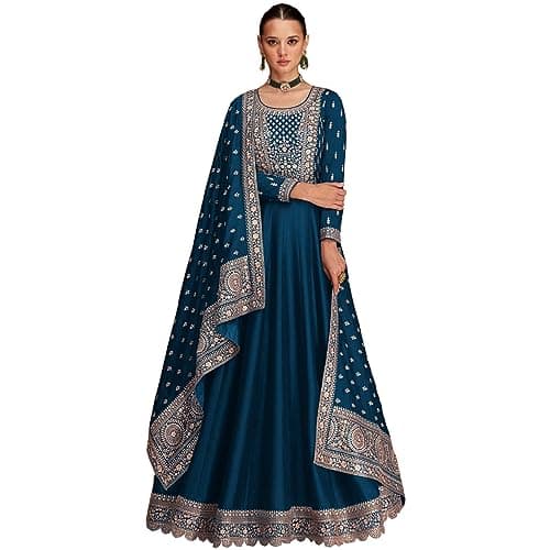 Designerharsha Indian Ready to Wear Anarkali Gown Suits Pakistani Stitched Salwar Kameez Dresses (US, Numeric, 38, Regular, Regular, Teal Blue)