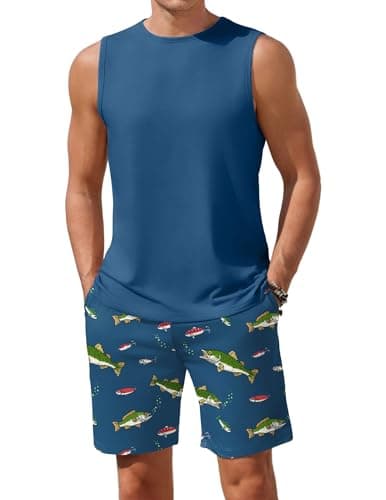 Ekouaer Men's Pajamas Set Workout Tank Top Pjs Sets with Shorts 2 Piece Soft Sleeveless Casual Shirts Loungewear Sets, Bigmouth Fish, Small