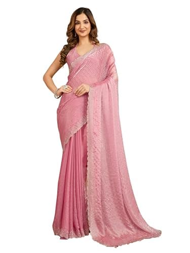 TRENDMALLS Women's Chiffon Siroski Work Saree with Unstitched Blouse Piece (K1214-Pink)