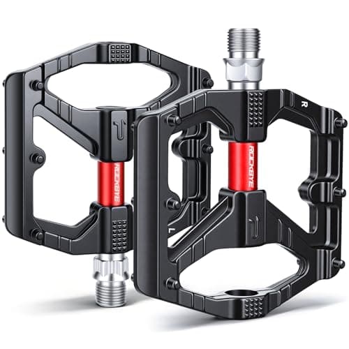 YBLNTEK Road/Mountain Bike Pedals, 9/16" Aluminum Alloy MTB Flat Pedals with Dual DU Bearings & 12 Non-Slip Pins, Wide Platform Bicycle Pedals for Road, Mountain, BMX, Ebike Bikes