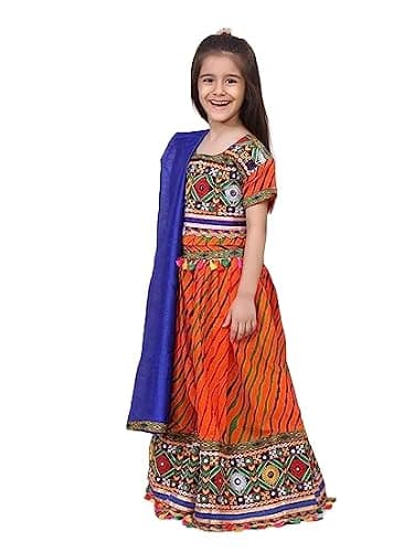 BownBee Kids Navratri Cotton Lehnga Choli Ethnic Indian Traditional Radha Dress Leheriya Print for Baby Girl - Orange 1 to 2 Years