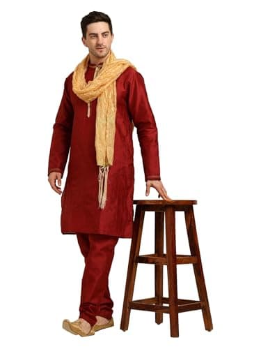 ITOS365 Men's Tunic Art Silk Kurta Pajama and Scarf Suit Set Indian Clothing Wedding Party Dress Gifts Items Deep Maroon Small