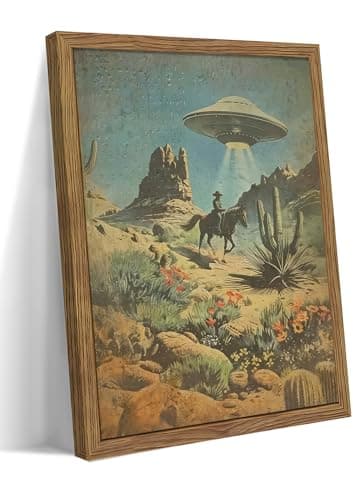Framed Vintage Intergalactic Western Canvas Wall Art, Alien UFO Abducting Cowboy, Desert Cactus and Flowers Wall Decor, Retro Sci-Fi Poster for Living Room Bedroom – Dark Wooden Frame 8x10in