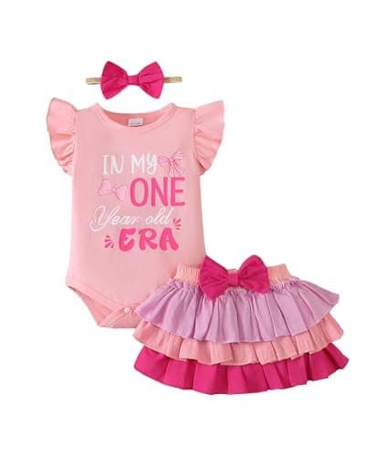 Mioglrie First Birthday Outfit Girl 12 18 Months Baby Girl Clothes Romper Shorts Headband Pink Ruffle Sleeveless Clothes Cake Smash Outfits Girls