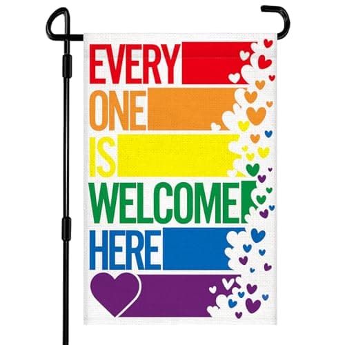 Everyone is Welcome Here Rainbow Garden Flag 12x18 Inch Double Sided Progress Pride Burlap Garden Flags LGBTQ Gay Lesbian Community Porch Yard Lawn Farmhouse Outdoor Decoration