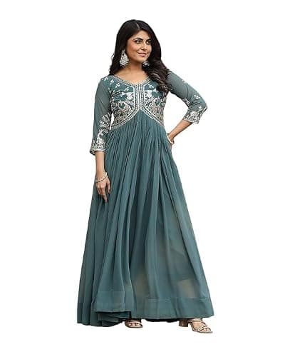 FOXDX Georgette Embroidered Anarkali Gown for Women | Wedding | Festival | (US, Alpha, Large, Regular, Regular, Rama)