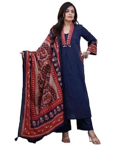 ANUYA Cotton Anarkali Indian Kurti For Women Summer Dress Kurta Pant With Dupatta Set (US, Alpha, X-Large, Regular, Regular, Blue)