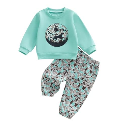 PUHHAPIEY Toddler Boy Fall Winter Clothes Baby Camo Hunting Outfits Retro Pullover Sweatshirts + Camouflage Pants Set (Pale Turquoise, 2-3T)
