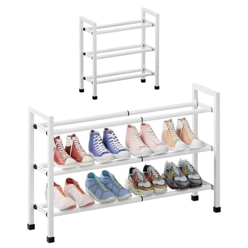 Abiglifty 3-Tier Expandable Shoe Rack,17"-33" Adjustable Shoe Rack for Closet,Metal Shoes Shelves for Front Door Entrance, Garage & Corridor, Free Standing Shoe Holders, Easy to Assemble,White