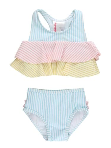 RuffleButts Baby/Toddler Girls UPF50+ Seersucker Color Block Flounce Bikini 2-Piece Swimsuit - Seersucker Color Block, 7