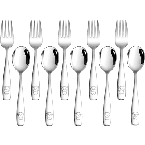 LIANYU 10 Pieces Toddler Silverware Set, Stainless Steel Kids Silverware Set, Metal Baby Utensils with Small Toddler Forks and Spoons, Children Safe Flatware with Cute Pattern, Dishwasher Safe