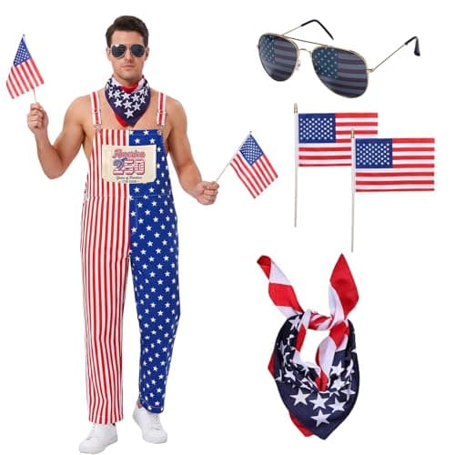 Apparlxer Mens American Flag Overalls, American Flag Bib Shorts Jumpsuits,4th of July Overalls with Accessories Set (US, Alpha, Large, Regular, Regular, D)