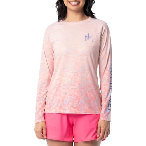 Guy Harvey Women's Long Sleeve Slub Raglan Tee, Seashell Pink/Dolphin Marble, Large