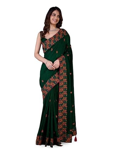 TRENDMALLS Women's Vichitra Silk Heavy Embroidred work Saree with Unstitched Blouse Piece (K1043-Morpeach)