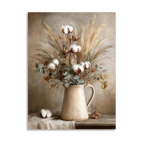 Kunstorner Farmhouse Cotton Wall Art Cotton Floral in Rustic Vase Painting Wood Texture Botanical Wall Decor 12x16