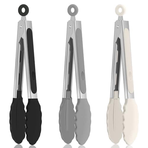 EEKEDO Small Cooking Tongs 7 inch Mini Serving Tongs with Silicone Tips, Set of 3 (Black + Grey + White)