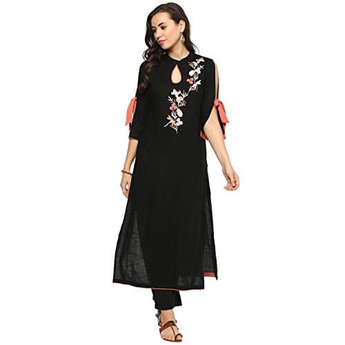 Idalia Womens Black Rayon Straight Embroidered Kurta (S)