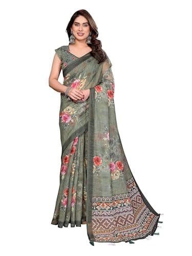 EVERYDAY CREATIONS Women’s Floral Printed Linen Saree with Designer Border | Lightweight Breathable Ethnic Indian Saree Soft Linen Fabric (Green)