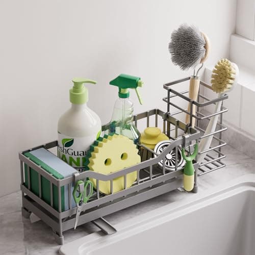 Mirtan Sponge Holder for Kitchen Sink, Kitchen Sink Caddy with Long-Handled Dish Brushes Holder, 304 Rustproof Stainless Steel Countertop Organizers and Storage, Home Kitchen Sink Accessories (Grey)