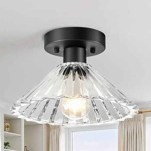 Kvhiiw Modern Round Glass Ceiling Light, Mid-Century Lighting Fixtures, Black Semi Flush Mount Ceiling Light for Hallway, Kitchen, Laundry Room, Bathroom, Entryway, 9.7 in