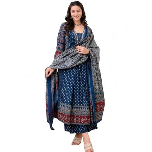 SANJHEYA- CRAFTED TO BELONG Anarkali Kurta Set for Women Cotton Printed Anarkali Kurti Pant Dupatta Set 3/4 Sleeve Maroon Festive Wear (Blue, X-Large)