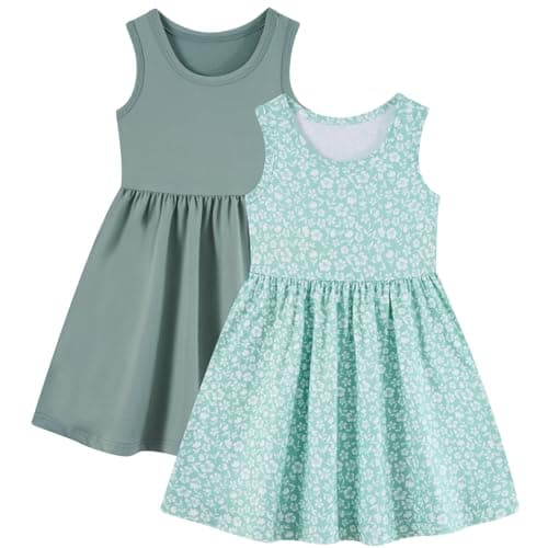 Funnycokid Toddler Girls Dress 3T 4T Sleeveless 2 Pack Kids Summer Sundress Clothes Floral Green 3-4 Years