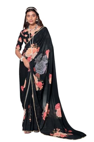 MOHIT CREATIONS Women's Partywear Printed Saree with Unstitched Blouse (Bllack)