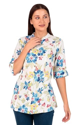 ladyline Casual Rayon Printed Tunic Top Blouse for Womens Stand Collar Full Button Down Roll-Up SleevesShort Kurti Ethnic Print (RPK LLRS) (44/ Off-White)