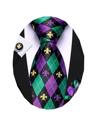 Barry.Wang Fun Mardi Gras Ties for Men Designer Handkerchief Cufflink WOVEN Casual Necktie Set Festival