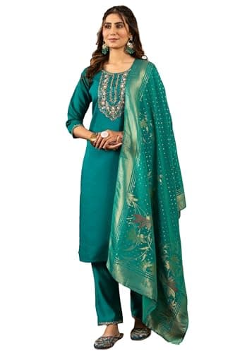 The Red Lion Enterprise Women's Partywear Anarkali Salwar Suit alia cut Embridery Kurti dress 3pc Set (US, Alpha, X-Large, Regular, Regular, TEAL GREEN)