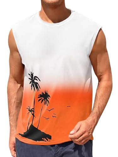 Runcati Mens Graphic Tank Tops Sleeveless Palm Tree Gradient Shirts Beach Hawaiian Gym Muscle Workout Tops White-Orange